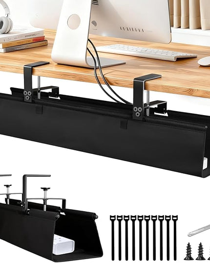 Under Desk Cable Management Tray - Heavy Duty No-Drill Clamp & Screw Mount, 28-Inch Cord Organizer for Home Office, Gaming Setup & Study Room, Holds Power Strip & Large Adapters (Black, 28"L x 5.5"W)