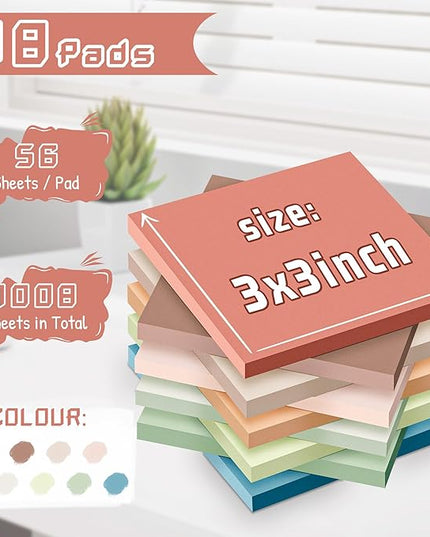 (18 Pack) Sticky Notes 3x3 in Post, Vintage Colors, Sticky Pads, Strong Adhesive, Recyclable, Self-Stick Pads, Easy to Post for Home, Office, Notebook