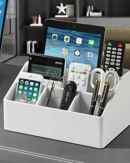 MEIBOOCH PU Leather Desk Organizer, Luxury Remote Control Holder for Home, Office Desk Accessories Table Caddy Bedside Nightstand Organizer (White)