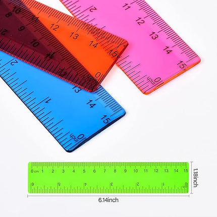 Unjoo Clear Plastic Ruler 6 Inch Straight Rulers, Bulk Assorted Colors, Shatterproof Ruler with Inches and Centimeters for School Classroom, Home, or Office (8 Pack)