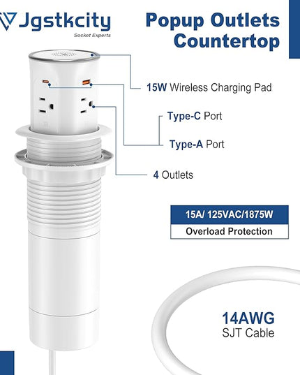 Jgstkcity Pop Up Countertop Outlet Recessed Power Strip with 15W Wireless Charger,45W USB C,3.15 inch Desk Hole,Ideal for Kitchen Island & Conference Table Receptacle (White, 6FT-45W USB Ports)