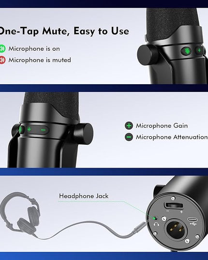Dynamic Microphone, XLR/USB Podcast Recording Pc Microphone for Streaming Voice, Gaming Microphone with Mute, Headphone Jack, Monitoring Volume Control