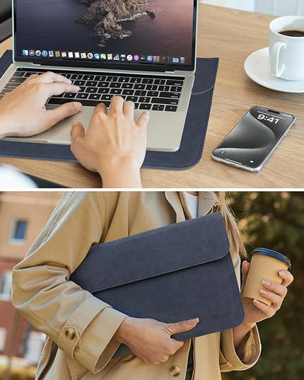 Allinside 13 Inch Laptop Sleeve Case for MacBook Air 13 2018-2025/MacBook Pro 13 2016-2022/Macbook Pro 14 2021-2024, Waterproof Matte PU Leather Horizontal Envelope Protective Case Cover, Navy Blue