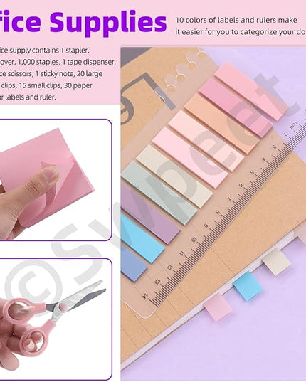 Swpeet 9Pcs Pink Office Supplies Kit, Desk Accessories Including Stapler, Tape Dispenser, Staple Remover, Tabs, Scissors, Staples, Tape, Clips and Sticky Note Ideal for Office and School