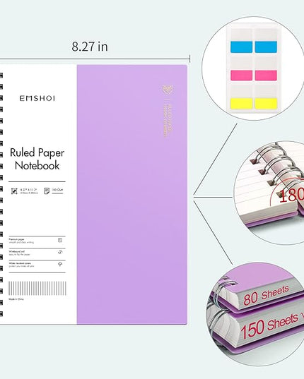 EMSHOI A4 Spiral Notebook College Ruled Lined Journal, 11.2" x 8.27", 300 Pages, 100gsm Thick Paper, Waterproof Softcover, Twin-Wire Binding, Sticky Notes, Purple