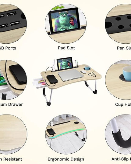 Slendor Lap Desk with Tablet Slot, Foldable Laptop Table with Storage Drawer，Portable Bed Desk for Laptop, Computer Tray with Cup Holder Notebook Stand Reading Holder for Couch Floor, White Maple