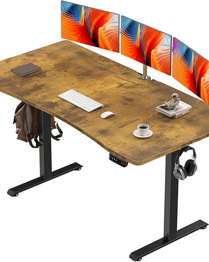 Veken 55 x 28 Inch Electric Standing Desk, Sit to Stand Up, Work Home Office Computer Table for Study, Walking Pad, Writing, and Games, Wooden Desktop Desks, Brown