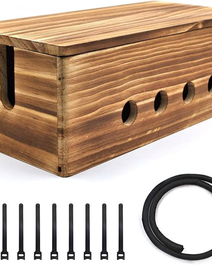 Large Cable Management Box, Wood Cord Hider Box & Organizer for Power Strip Hider Cable Storage for Office, TV Wires, Desk Cord Organizer, 14" x 5.9" x 5.1", Vintage Walnut (Vintage Walnut-lid)