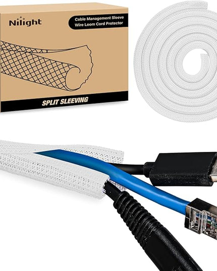 Nilight Cable Sleeve, 25ft-1/2inch Cord Management Sleeves, Braided Sleeving, Split Self Wrapping Wire Loom for Computer Electrical Automotive Harness Protector Organizer, White