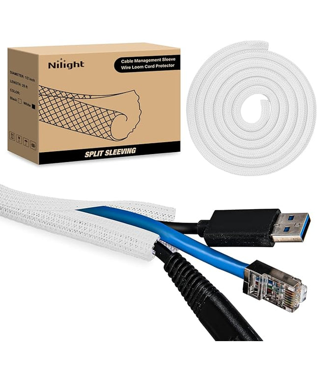Nilight Cable Sleeve, 25ft-1/2inch Cord Management Sleeves, Braided Sleeving, Split Self Wrapping Wire Loom for Computer Electrical Automotive Harness Protector Organizer, White