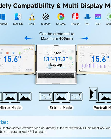 KEFEYA Laptop Screen Extender 15.6", FHD 1080P Portable Triple Monitor for Laptops 13-17.3", 120% sRGB 235° Rotation Detachable Laptop Monitor Extender for Windows/Mac/Dex/Chrome/Surface, Plug n Play
