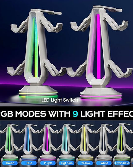 Saitake RGB Controller Stand with 9 Light Modes,Controller Holder with 2 USB Ports,Headset Stand for Desk-Headphone Holder Suitable for All Headphones and Controller (White)