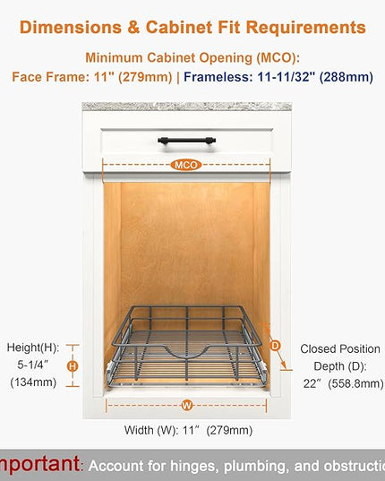 ALINE FURNITURE Pull Out Shelves - 11" W x 22" D Soft Close Pull Out Cabinet Organizer 1 Tier - Slide Out Drawers with Shelf Liner, Heavy Duty Steel Wire Baskets for Kitchen Cabinets, Pantry, Bathroom
