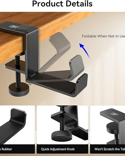 OneOdio MTL99 Foldable Headphone Stand, Metal Headset Holder Space-Saving Table Hook, Clamp-on Under Desk Hanger, Universal Fit Gaming Headphones Mount, Black