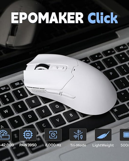 EPOMAKER Click Gaming Mouse Wireless 2.4Ghz/BT/Type-C, 800 to 42,000 DPI Adjustable, 8K Polling Rate, 500mAh, Lightweight Optical Mouse, for PC/Mac/Linux (White)