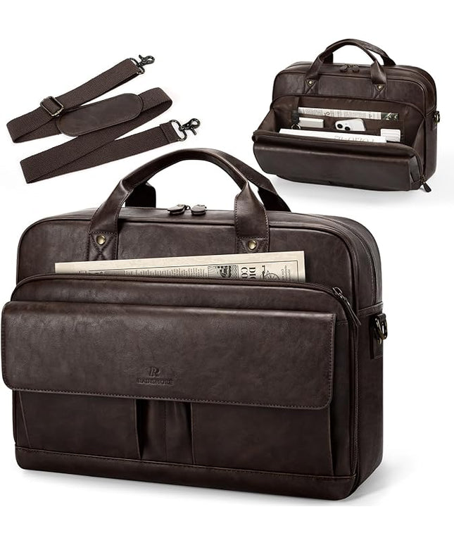 RAINSMORE Mens Laptop Bag PU Leather Messenger Bag 15.6 Inch Briefcase Vintage Computer Satchel Bag for Work Business