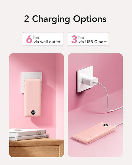 VRURC Portable Charger Power Bank with Wall Plug, 10000mAh Portable Charger with Built in Cables, PD 20W Fast Charging Portable Charger with Cords External Charger Travel Accessories-Pink(1 Pack)