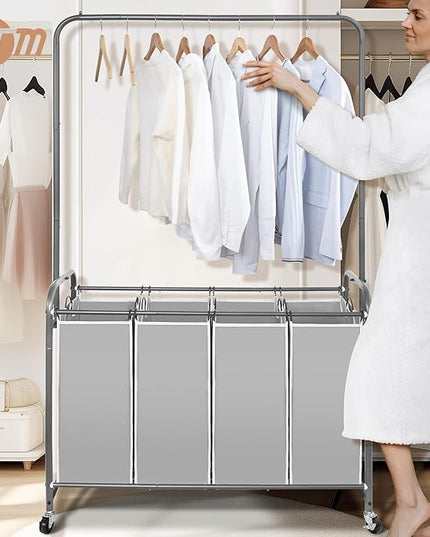 STORAGE MANIAC Laundry Sorter with Hanging Bar, Portable, Removable Laundry Hamper Cart with Heavy Duty Rolling Lockable Wheels and Removable Bags, Rolling Laundry Basket Organizer 181L, 4 Section