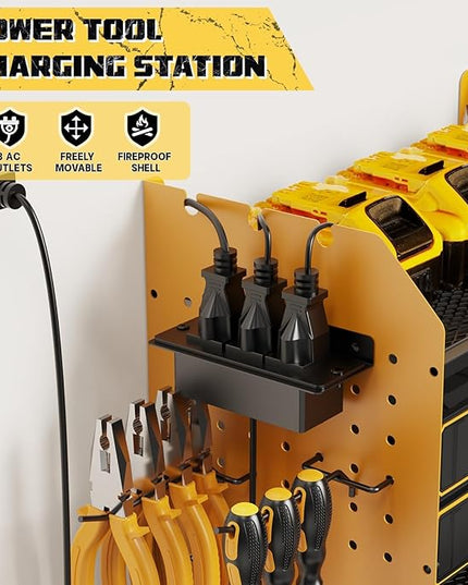 45" Power Tool Organizer Wall Mount with Charging Station - 3 Layer Storage Racks with 8 Cordless Drill Holder, 4 Hooks, Heavy Duty Garage Tool Organizer Storage for Workshop Shed Pegboard Basement