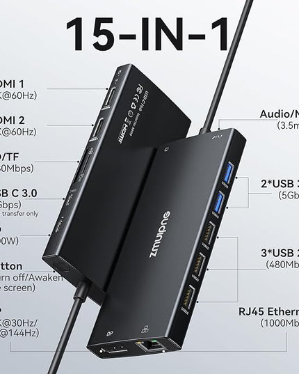 USB C Hub USB C Docking Station Dual Monitor 4K@60Hz+DP 8K@30Hz for Dell HP, Laptop Docking Station 3 Monitors 15 in 1 USBC Dongle Multiport Adapter with USB A Port+Button+PD+Ethernet+SD/TF+Audio
