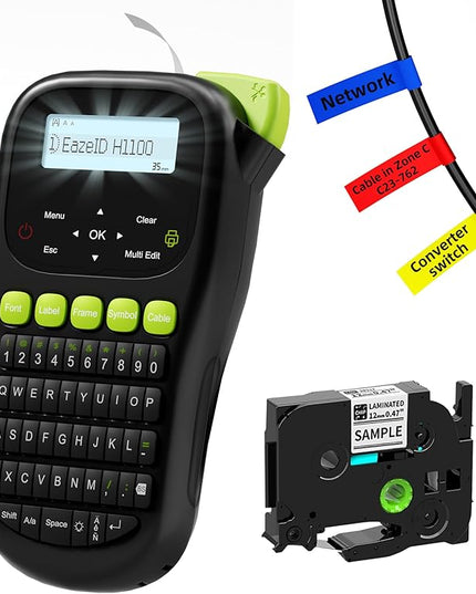 Industrial Label Maker Machine with-Tape Waterproof, Portable Cable Label Maker with Keyboard, Handheld Wire Labeler with Backlight Screen for Home Office Use, H1100 Black