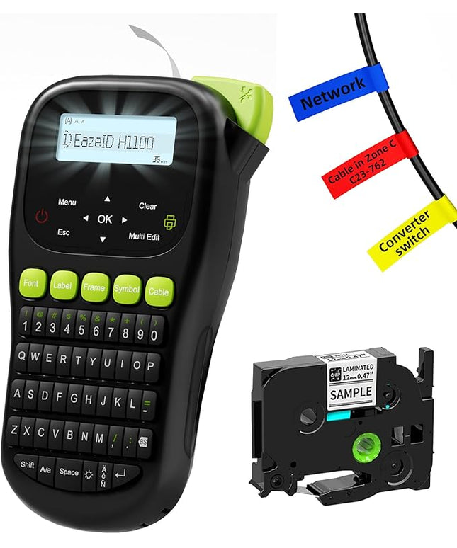 Industrial Label Maker Machine with-Tape Waterproof, Portable Cable Label Maker with Keyboard, Handheld Wire Labeler with Backlight Screen for Home Office Use, H1100 Black