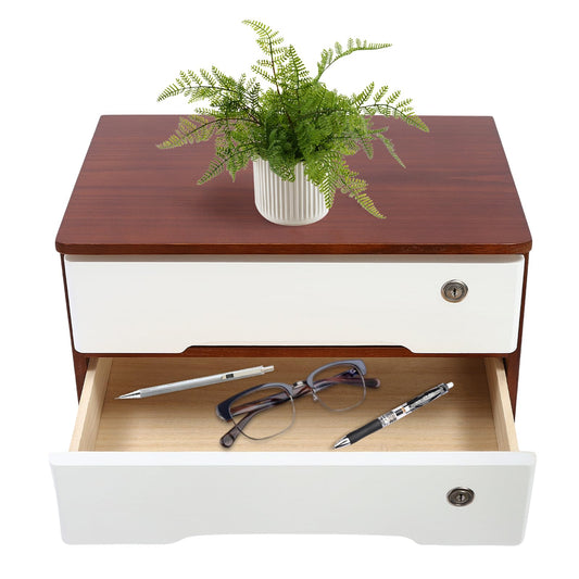 Wooden Desktop Storage Box with Lockable Drawers,2 Drawer Desktop Organizer Cabinet,Flat File Cabinet,Countertop Storage Cabinet for Office Home Toiletries Supplies Vanity (Walnut,white 2 locks)