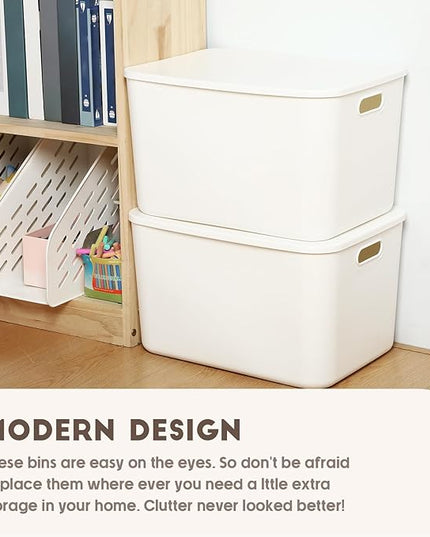 Tuanse 8 Pieces White Plastic Storage Bins with Lids, Stackable Storage baskets with Handle Containers Box for Shelves Drawers Desktop Playroom Classroom Office Organization(16 x 12 x 9.7 Inches)