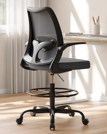 Drafting Chair,Tall Office Chair with Adjustable Footrest Ring,Lumbar Support,Ergonomic High Desk Seat,Flip-Up Armrests,Breathable Mesh Standing Stool for Home Office,Grey