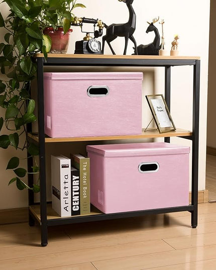 PRANDOM Collapsible Storage Bins with Lids [3-Pack] Leather Fabric Foldable Storage Boxes Organizer Containers Baskets Cube with Cover for Bedroom Closet Office Nursery Pink (14.9x10.8x10)