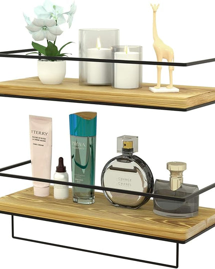 ZGO Floating Shelves for Wall Set of 2, Wall Mounted Storage Shelves with Metal Frame and Towel Rack for Bathroom, Kitchen, Bedroom(Wood)