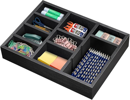 TEESSFROOD Desk Drawer Organizer Tray with 9 Adjustable Compartments, Wooden Office Desk Accessories Supplies Organization Storage for Desktop Bathroom Vanity Makeup Black