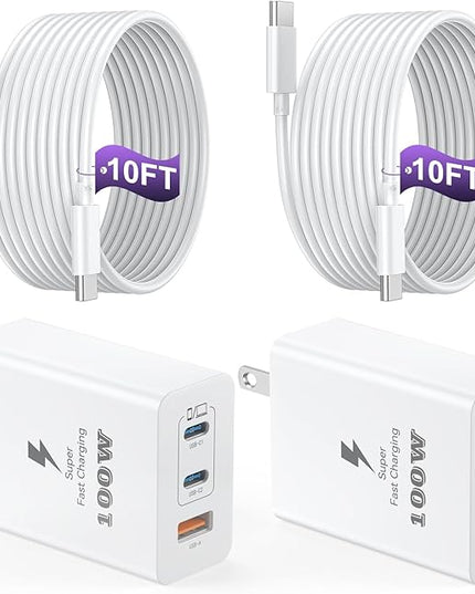 USB C Charger Block 100W, 3-Port GaN Super Fast Phone Charger, Type C 65W Laptop Chargers with 10ft USB C Charging Cable for MacBook Pro/Air,iPad Pro, iPhone 17/16/15Pro, S25/S24/S23 and More[2 Pack]