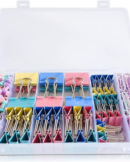Paper Clips and Binder Clips Assorted Sizes, 240 PCS Colored Office Clips Set Large Medium Small Paper Clamps Paperclips Push Pin Thumb Tacks, College Supplies Home Office Supplies Document Organizing