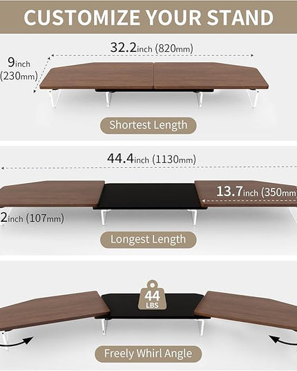 LED Dual Monitor Stand Riser for 2 Monitors,Office Desktop Wooden Stand Adjustable Length and Angle 3 Shelf,Extra Long Multifunctional Stand up to 44.4" for Computer,Laptop,TV,Walnut Finish