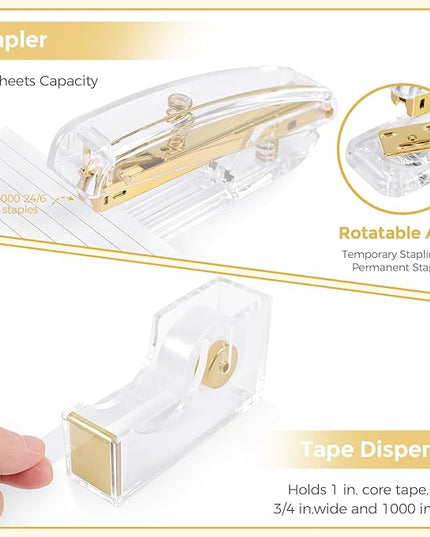 SKYDUE Gold Office Supplies Set, Pencil Holder for Desk,Gel Pen, Stapler, Tape Dispenser, Scissors,Clips and 1000pcs Staples, Office Decor for Women, Gold Desk Accessories