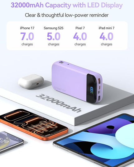 Portable Charger Power Bank Built-in Cables, 32000mAh 22.5W USB C Fast Charging, 5 Outputs 3 Inputs Travel Essentials Battery Pack Compatible with iPhone, iPad, Samsung, Google Pixel, Purple