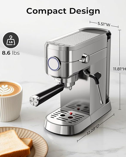 20 Bar Espresso Machine, Compact Espresso Coffee Maker with Milk Frother for Latte/Cappuccino, Auto Clean/34oz Removable Tank/Auto Shut-Off, Espresso Maker for Home/Office, Stainless Steel