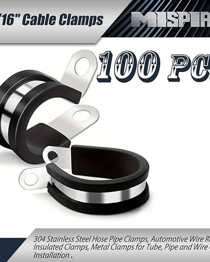 100 Pack 3/16 inch Cable Clamps, MISPIRE Stainless Steel Hose Pipe Clamps, Automotive Wire Rubber Insulated Clamps, Metal Clamps for Tube, Pipe and Wire Cord Installation