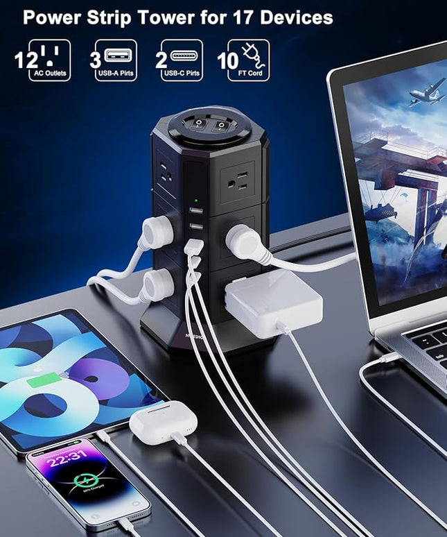 Surge Protector Power Strip Tower, 10FT Ultra Flat Extension Cord with 12 AC Outlets 5 USB Ports(2 Type C), Desktop Charging Station, Flat Plug Outlet Extender for Home Office Dorm