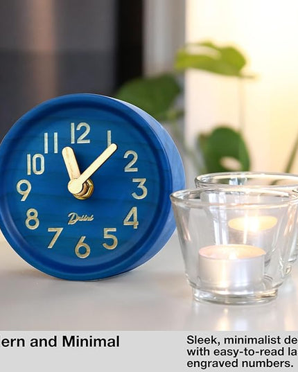 Driini Wooden Analog Desktop Clock – 4.3 in. Decorative Pinewood, No-Tick Design – Easy to Read Silent Sweep Mantle Clock – Quiet Tabletop Clocks with Wood Body, Hands, & Battery Cover; Blue
