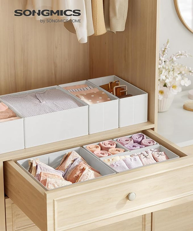 SONGMICS Drawer Organizers, Dresser Divider Organizers, Set of 18, Foldable Fabric Storage Boxes for Socks, Underwear, Bras, Ties, Scarves, Cloud White URDZ006W03
