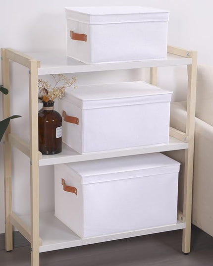 5 Pack Storage Baskets, Storage Boxes with Lids, Closet Organizers with Handles for Shoes Towels Books, White, 16.5 x 11.8 x 10.2 Inch