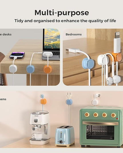 9 Pack Cord Organizer, Spring Cable Management, Adhesive Cute Cable Holder Clips, Phone Charger Wire Keeper for Desk Nightstand Car Office (9-Pack White_Orange_Blue)