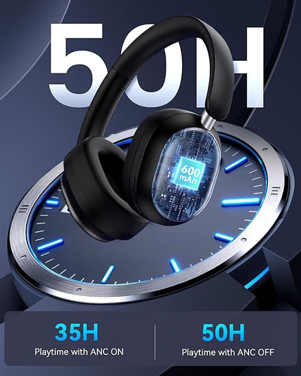 Hybrid Active Noise Cancelling Headphones, Over Ear Bluetooth 6.0 Wireless Headphones, 50H Playtime, Deep Bass, HiFi Stereo Sound（Black）