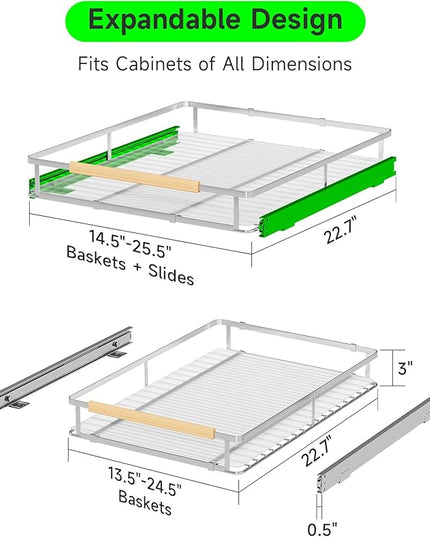 SOFRON Expandable Pull Out Drawers for Cabinets, Kitchen Cabinet Slide Out Shelves, Adjustable Roll Out Drawers, Stainless Steel, Large 1 Pack, (14.5"-25.5") Cabinet Width x 22.7" Depth