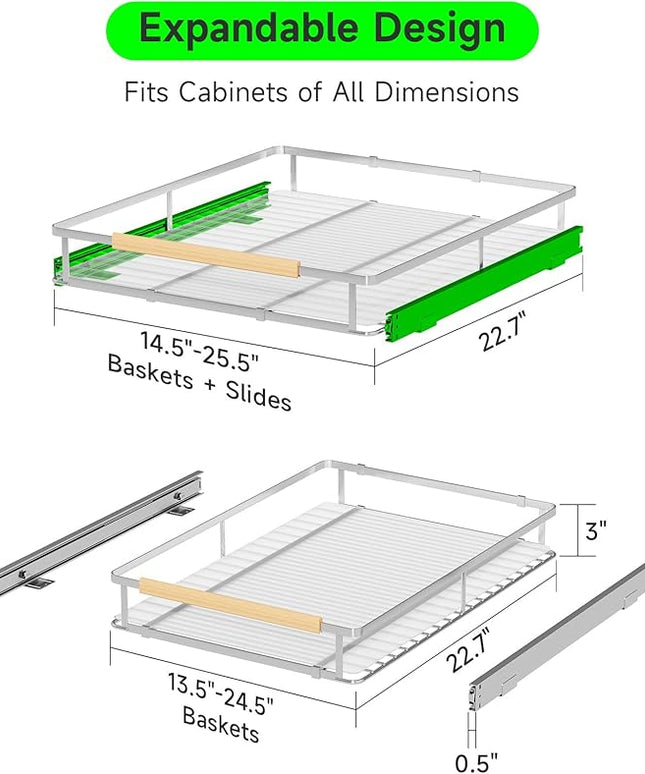 SOFRON Expandable Pull Out Drawers for Cabinets, Kitchen Cabinet Slide Out Shelves, Adjustable Roll Out Drawers, Stainless Steel, Large 2 Pack, (14.5"-25.5") Cabinet Width x 22.7" Depth