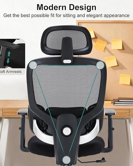 Office Chair Ergonomic Desk Chairs with Adjustable Lumbar Support & Headrest, Mesh High Back Home Office Desk Chairs with Adjustable Height Armrests, Comfy Swivel Task Computer Chair