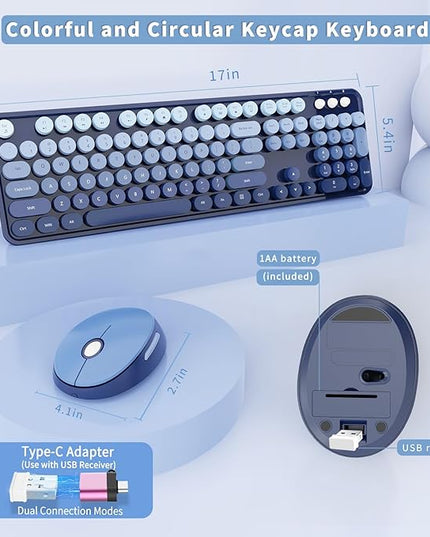 Wireless Keyboard and Mouse Combo, Ergonomic Full Size Typewriter Retro Round Keycaps Keyboard, Compatible with Windows, PC, Perfer for Home and Office Keyboards (Twilight Blue