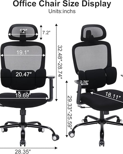 Office Chair Ergonomic Desk Chairs with Adjustable Lumbar Support & Headrest, Mesh High Back Home Office Desk Chairs with Adjustable Height Armrests, Comfy Swivel Task Computer Chair